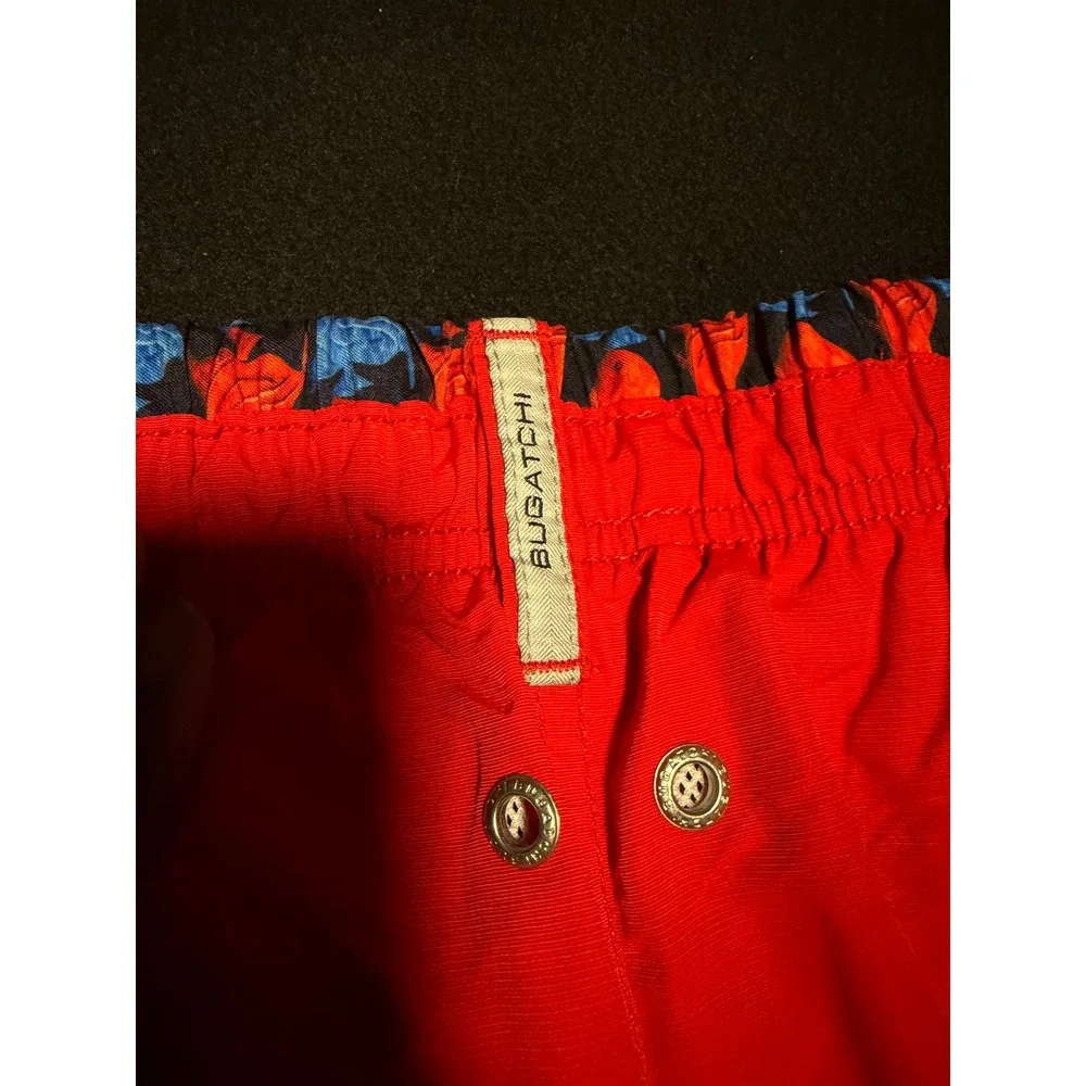 Bugatchi Mens Red Swim Trunks Floral Trim Mesh Lined Nylon Board Shorts Large